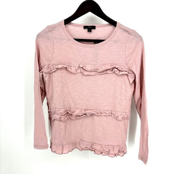 J Crew XS Pink Ruffled‎ Vintage Cotton Long Sleeve T-Shirt Tee NWT $39 - Picture 2 of 8